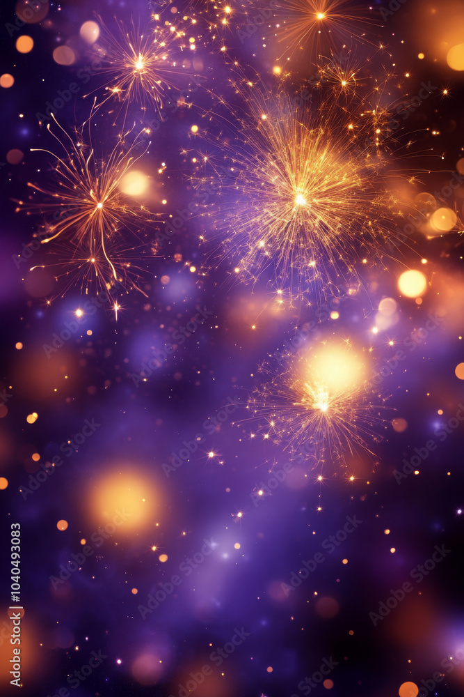 Gold and dark violet Fireworks and bokeh in New Year eve and copy space. Abstract background holiday . Gold and dark violet Fireworks and bokeh in New Year eve and copy space. Abstract background holiday .