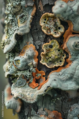 An array of vibrant tree fungi growing on the bark, showcasing detailed textures and natural patterns photo