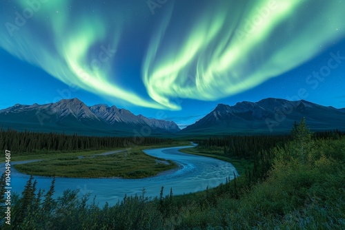 Dramatic green auroras swirl across the heavens, casting a mystical glow over a serene river snaking through a backdrop of mighty peaks and lush wilderness. photo