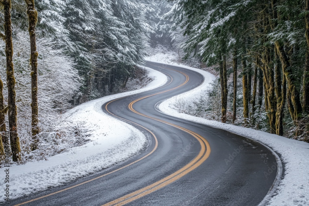 Experience the peacefulness of a snow-covered road as it leads through a dense forest, evoking a sense of calm and wonder in the quietness of winter's embrace. Experience the peacefulness of a snow-covered road as it leads through a dense forest, evoking a sense of calm and wonder in the quietness of winter's embrace.