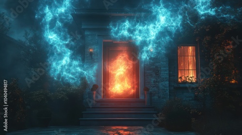 A fiery doorway surrounded by blue smoke, appearing magical and ominous. photo