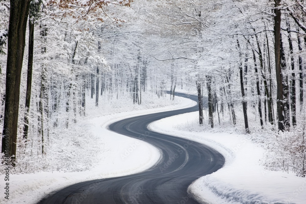 A quiet, winding road cutting through a peaceful, snow-blanketed forest as thick, fluffy snowflakes fall gently to the ground, creating a picturesque view. A quiet, winding road cutting through a peaceful, snow-blanketed forest as thick, fluffy snowflakes fall gently to the ground, creating a picturesque view.
