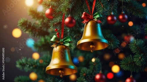 Christmas bells, decorated gold bells hanging on a tree with ornaments