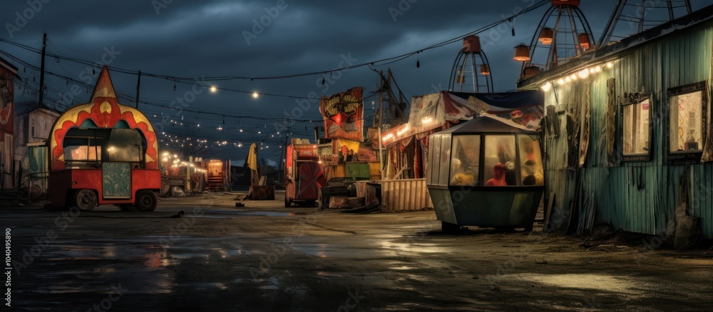 Fototapeta premium Empty carnival booths and a Ferris wheel stand lit by string lights under a cloudy sky at night.