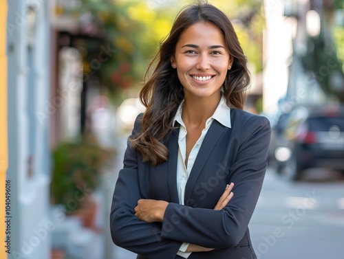 A professional young woman smiles confidently while standing in a bright business district