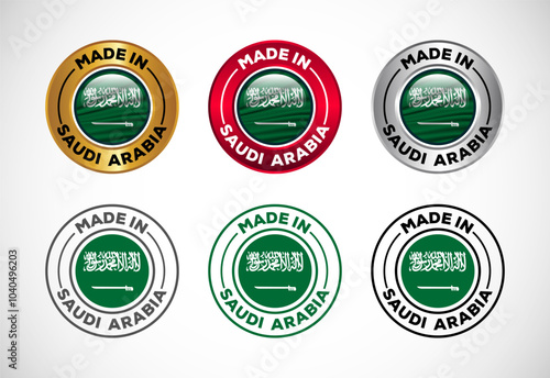 Made in Saudi Arabia label icon with flag. Icon set for business, badge, seal, sticker, logo, and symbol