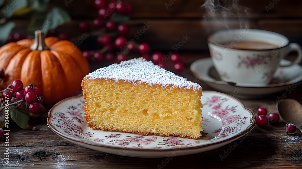 delicious vanilla cake with raspberries and pumpkin in a cozy setting delicious vanilla cake with raspberries and pumpkin in a cozy setting