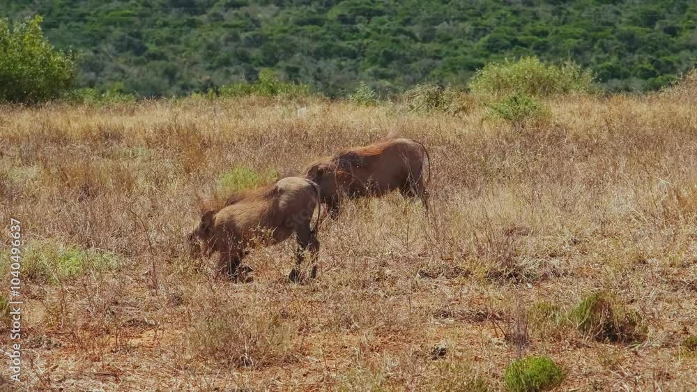 Two large adult wild boars in the wild eats dry grass standing on its knees. The wildlife in the Addo National park in South Africa during the daytime Two large adult wild boars in the wild eats dry grass standing on its knees. The wildlife in the Addo National park in South Africa during the daytime