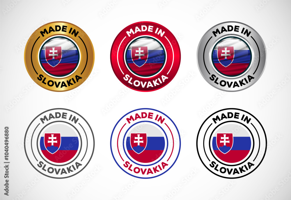 Naklejka premium Made in Slovakia label icon with flag. Icon set for business, badge, seal, sticker, logo, and symbol