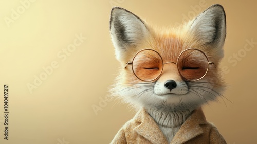 A charming fox in a vintage suit and pince-nez glasses, posed against a gradient of pastel pink transitioning into deep crimson.