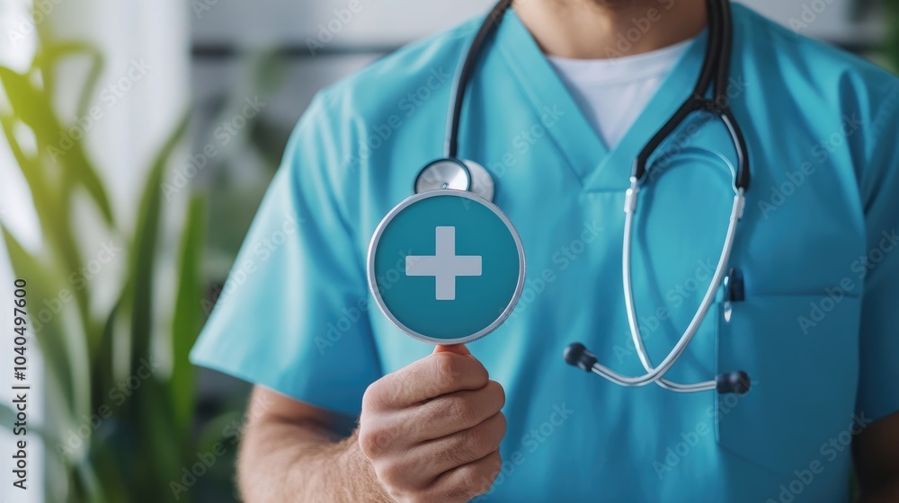 Healthcare professional holding medical symbol in modern clinical setting Healthcare professional holding medical symbol in modern clinical setting