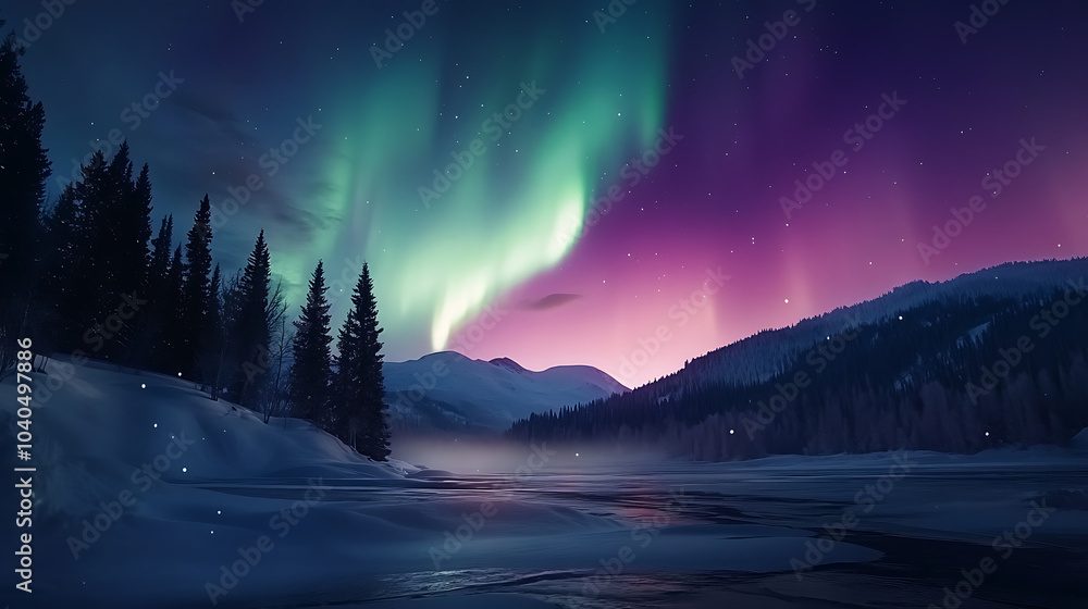 Fototapeta premium Aurora borealis over serene winter landscape with snow-covered trees and mountains.