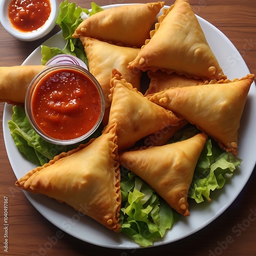 Samosas assortment with Tomato Sauce with some salad served