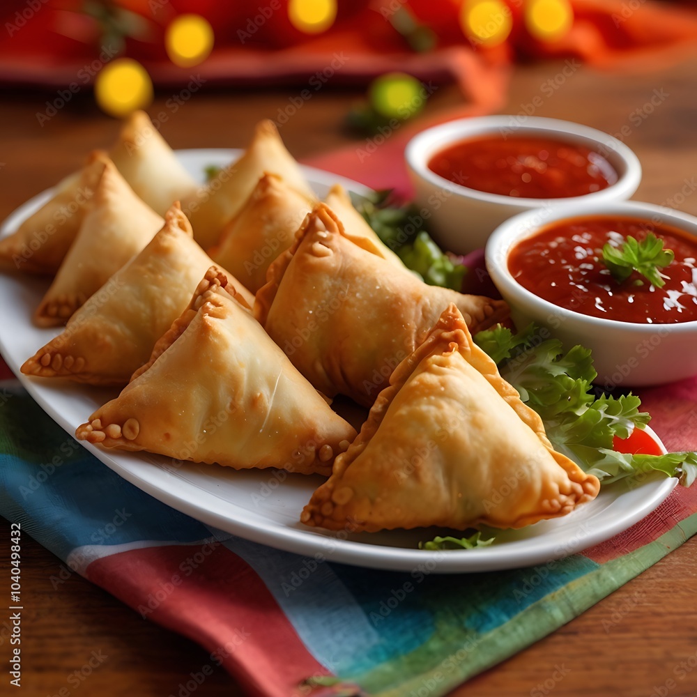 Samosas assortment with Tomato Sauce with some salad served Samosas assortment with Tomato Sauce with some salad served