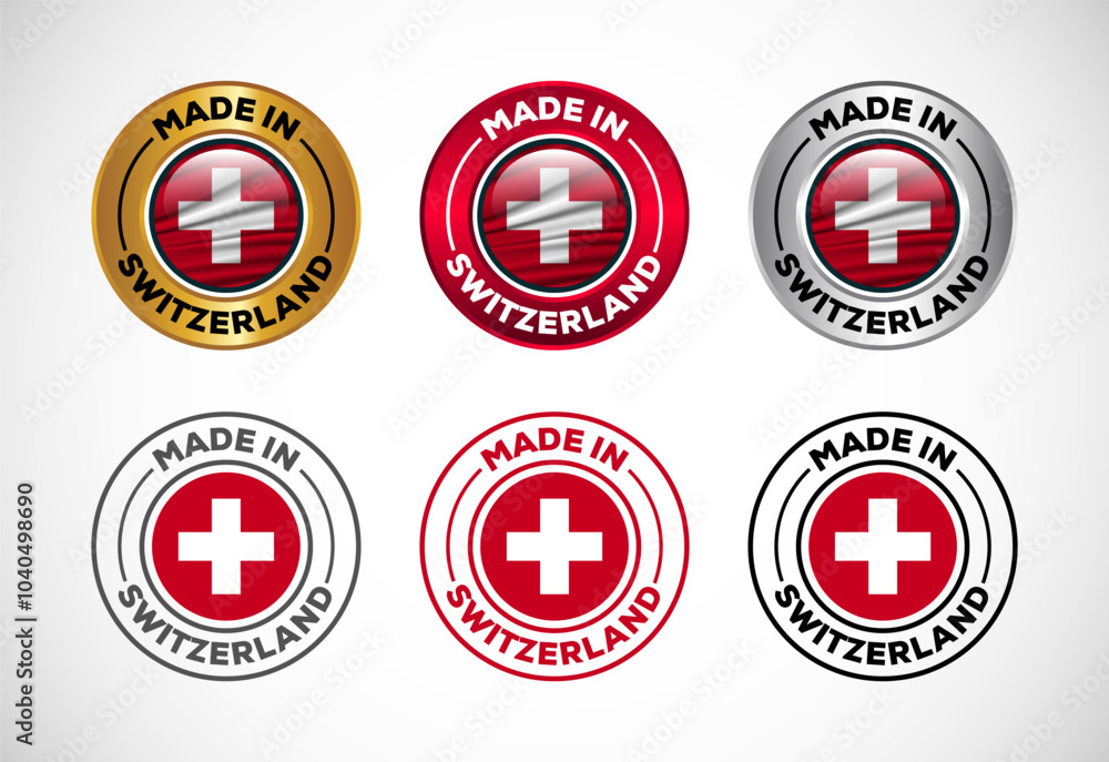 Obraz premium Made in Switzerland label icon with flag. Icon set for business, badge, seal, sticker, logo, and symbol