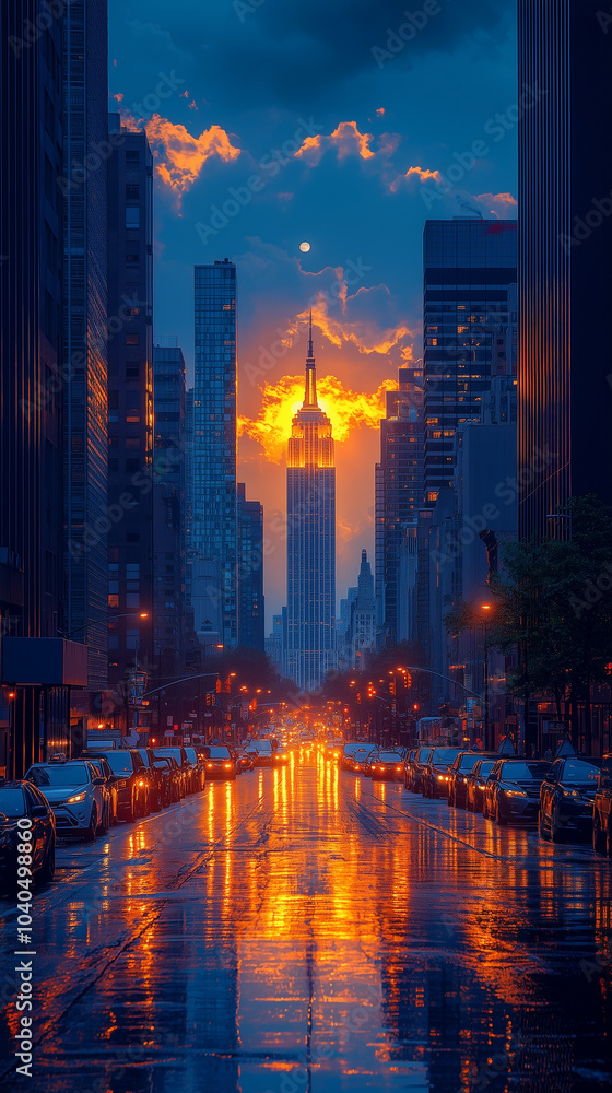 Modern city street with skyscrapers. Dawn. High detail. Modern city street with skyscrapers. Dawn. High detail.
