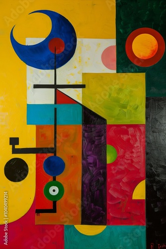 A vivid abstract geometric painting with bold colors and striking shapes, invoking a sense of creativity and inspiration