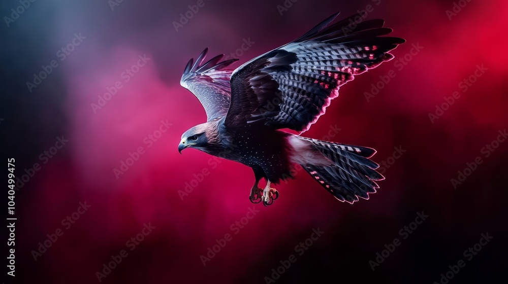 Fototapeta premium A hawk dressed in a black leather bodysuit, flying against a gradient that fades from deep crimson to midnight black.