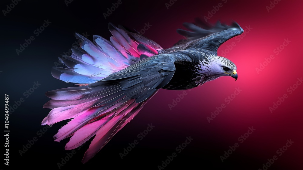 Fototapeta premium A hawk dressed in a black leather bodysuit, flying against a gradient that fades from deep crimson to midnight black.