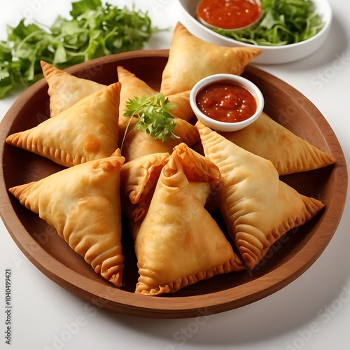 Samosas assortment with Tomato Sauce with some salad served