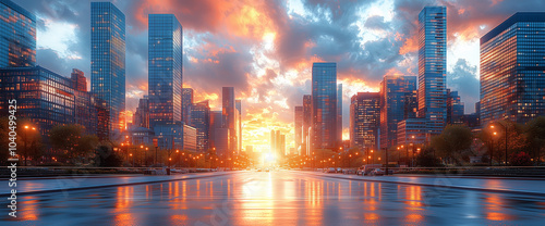 Modern city street with skyscrapers. Dawn. High detail.