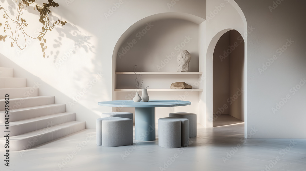 Minimalist interior design of modern dining area with blue round table and soft stools
Minimalist interior design of modern dining area with blue round table and soft stools