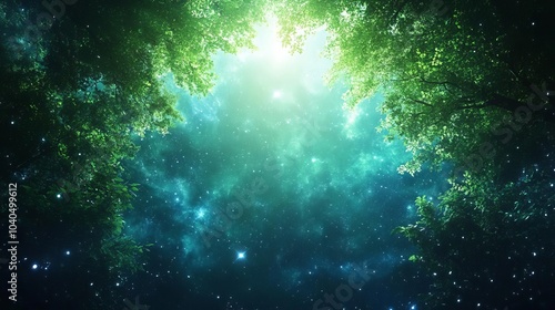 Looking up through a canopy of lush green trees towards a bright sky filled with stars.