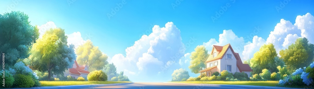 A charming suburban house with a lush green lawn and a bright blue sky. A charming suburban house with a lush green lawn and a bright blue sky.