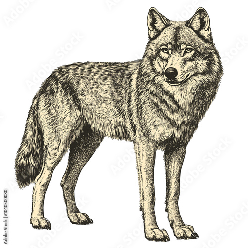 Vintage illustration of a majestic wolf, highlighting its striking features and elegance, isolated on a transparent background, PNG photo