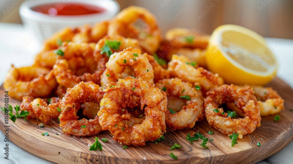Crispy fried calamari on a wooden table, white background Crispy fried calamari on a wooden table, white background