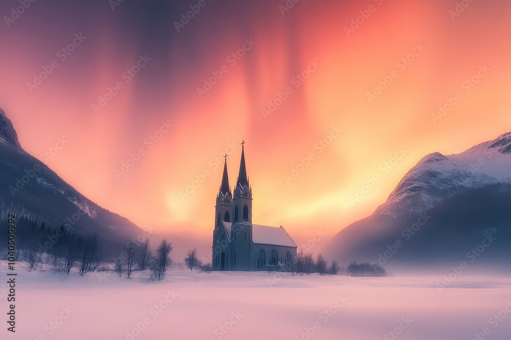 Naklejka premium Dramatic church with spires set against a vibrant sunset sky and snowy landscape surrounded by mountains