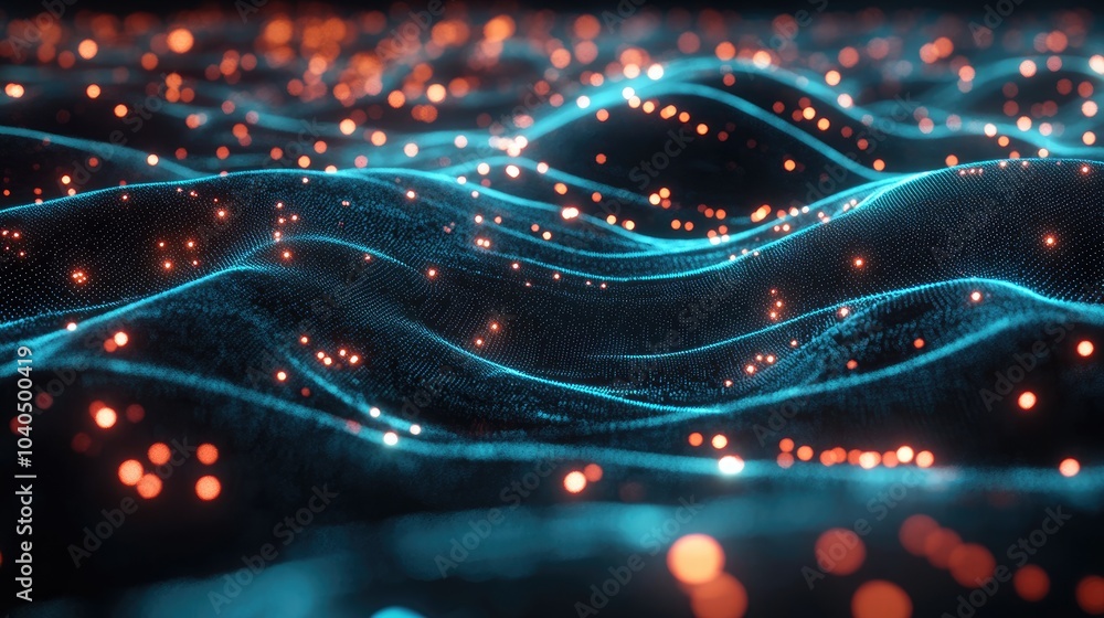 Illuminated waves a stunning visualization of light and depth in a digital landscape with vibrant particles and fluid motion Illuminated waves a stunning visualization of light and depth in a digital landscape with vibrant particles and fluid motion