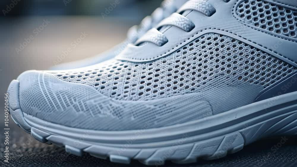 A close-up of a gray running shoe with a mesh upper and a textured sole A close-up of a gray running shoe with a mesh upper and a textured sole