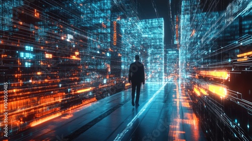 Fototapeta Naklejka Na Ścianę i Meble -  Navigating the digital frontier a journey through a futuristic data landscape