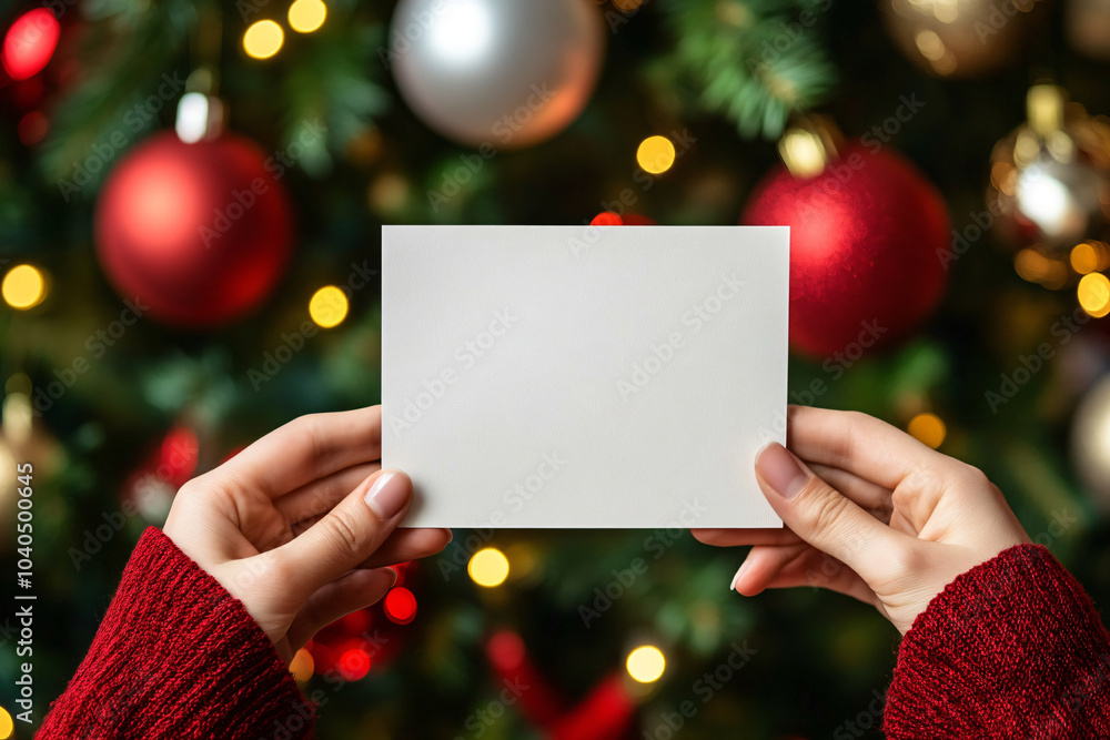 Female hands holding a mockup of a blank white card on the background of a Christmas tree decorated with gold and red balls. Banner template for Christmas text, secret notes and gifts Female hands holding a mockup of a blank white card on the background of a Christmas tree decorated with gold and red balls. Banner template for Christmas text, secret notes and gifts