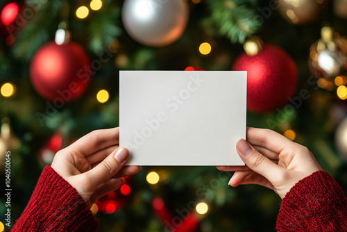 Female hands holding a mockup of a blank white card on the background of a Christmas tree decorated with gold and red balls. Banner template for Christmas text, secret notes and gifts