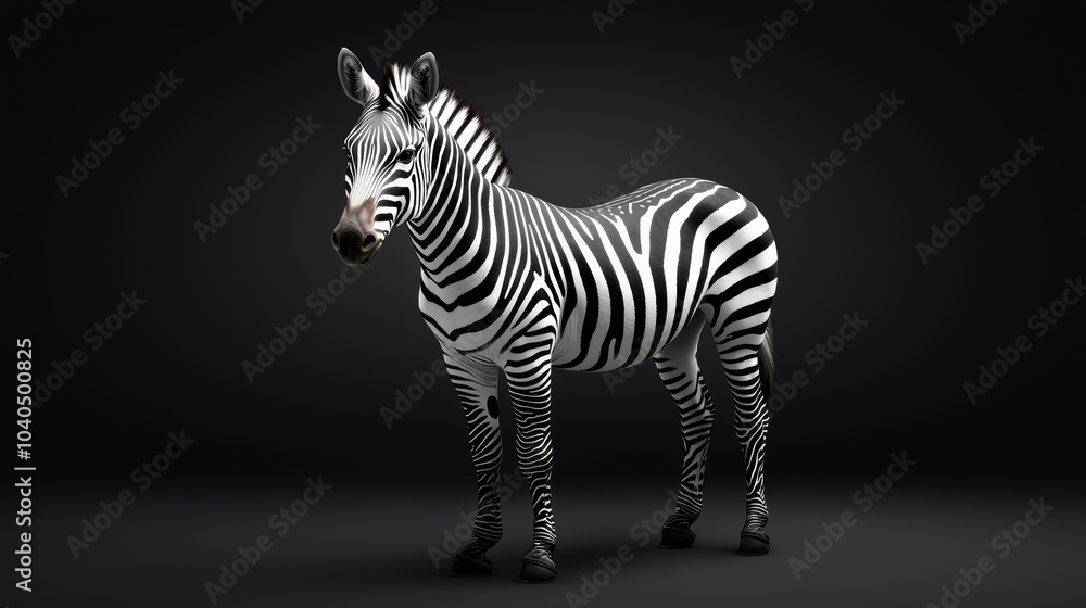 Fototapeta premium A zebra in a black leather bodysuit, posed elegantly against a dark gradient that fades from deep grey to shadowy black.
