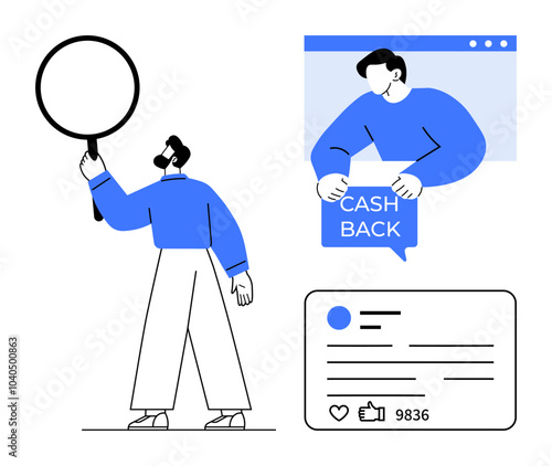 Man holding a magnifying glass, another person demonstrating cashback offer, social media post with likes and comments. Ideal for marketing, e-commerce, social media, online shopping, digital