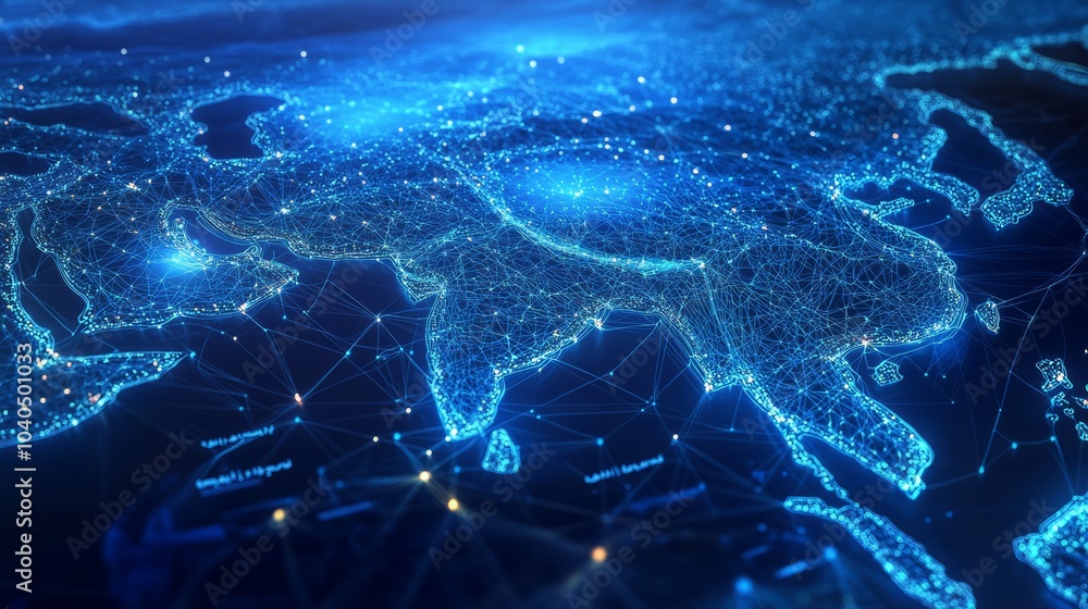 A 3D network map of the imaginary country, covered in glowing mesh lines and point clusters on a modern blue background A 3D network map of the imaginary country, covered in glowing mesh lines and point clusters on a modern blue background