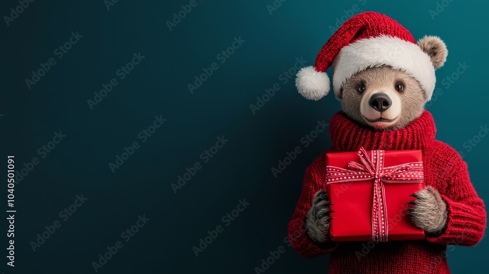 A bear in a Santa outfit, cozy knit hat, and scarf, holding a brightly wrapped gift, standing against a gradient of dark blue blending into black. A bear in a Santa outfit, cozy knit hat, and scarf, holding a brightly wrapped gift, standing against a gradient of dark blue blending into black.
