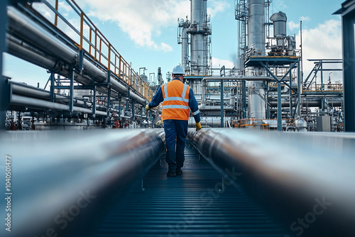 Worker inspecting industrial pipes at a refinery in broad daylight