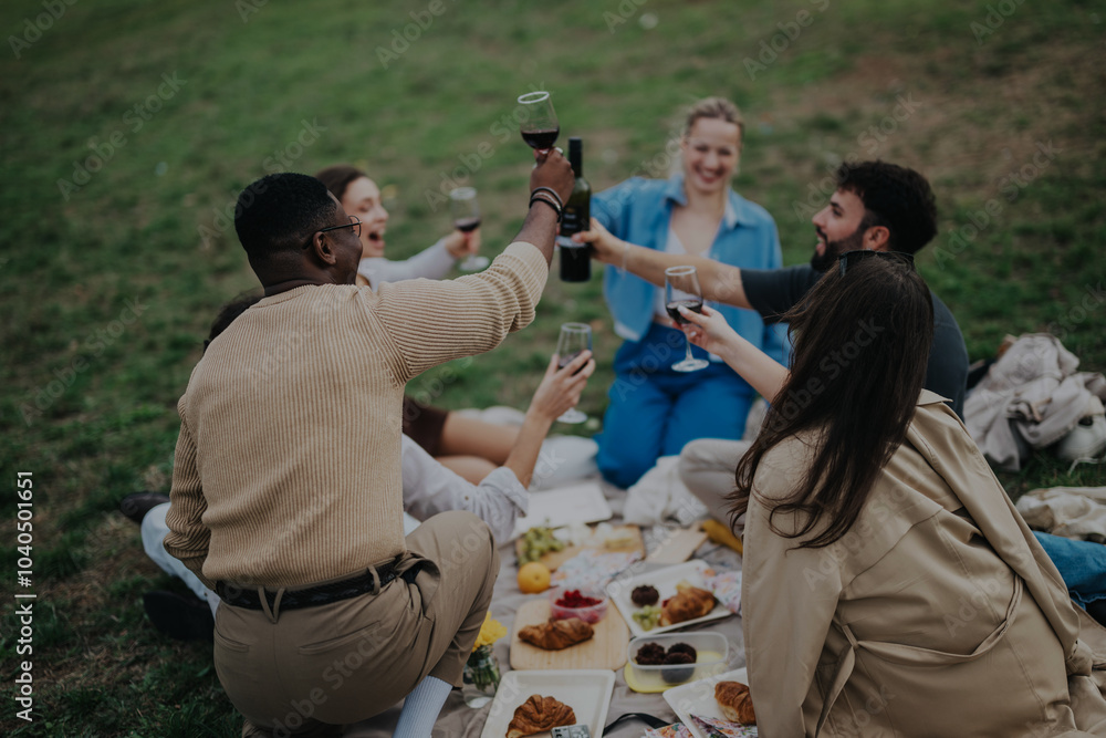 A diverse group of friends enjoying a picnic, toasting with drinks on a cloudy day in a scenic park, creating a joyful and relaxed atmosphere. A diverse group of friends enjoying a picnic, toasting with drinks on a cloudy day in a scenic park, creating a joyful and relaxed atmosphere.
