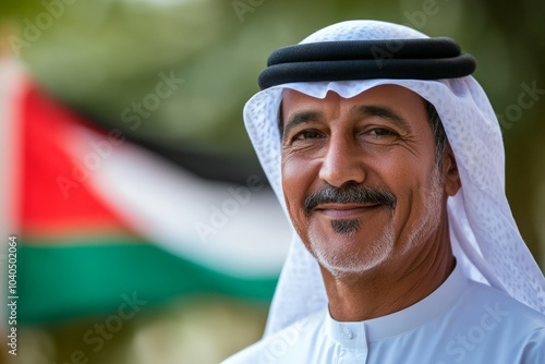 A distinguished gentleman in a white kandura poses graciously, with a backdrop of a national flag exhibiting strong winds, hinting at elements of honor and cultural pride. photo