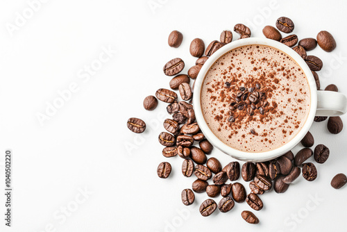 Cocoa drink in white mug on white background, top view.