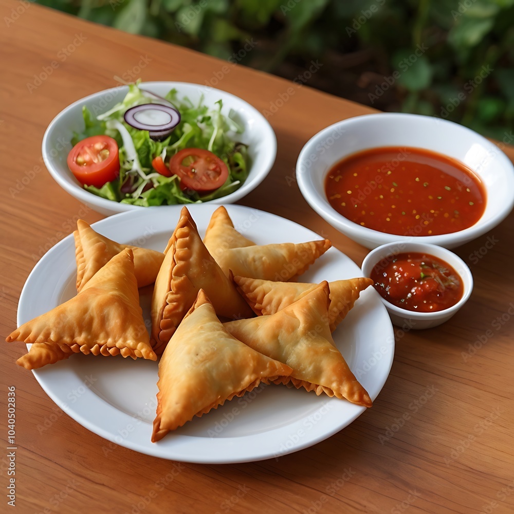 Samosas assortment with Tomato Sauce with some salad served Samosas assortment with Tomato Sauce with some salad served