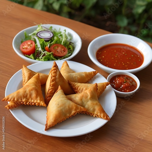 Samosas assortment with Tomato Sauce with some salad served