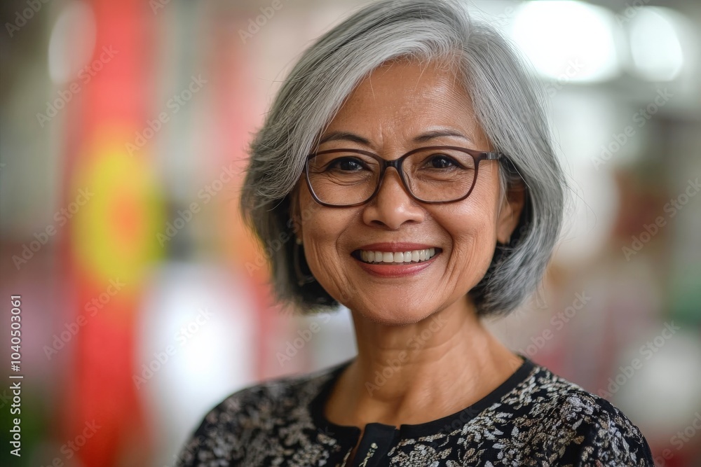 A vibrant senior woman with elegant glasses stands confidently before a red flag, representing wisdom, style, and cultural pride through her confident demeanor. A vibrant senior woman with elegant glasses stands confidently before a red flag, representing wisdom, style, and cultural pride through her confident demeanor.
