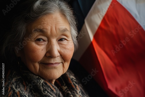 An elderly woman with a poised expression stands beside a bright national flag, reveling in cultural heritage captured vividly in natural lighting. photo