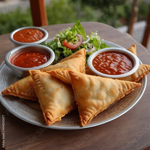 Samosas assortment with Tomato Sauce with some salad served