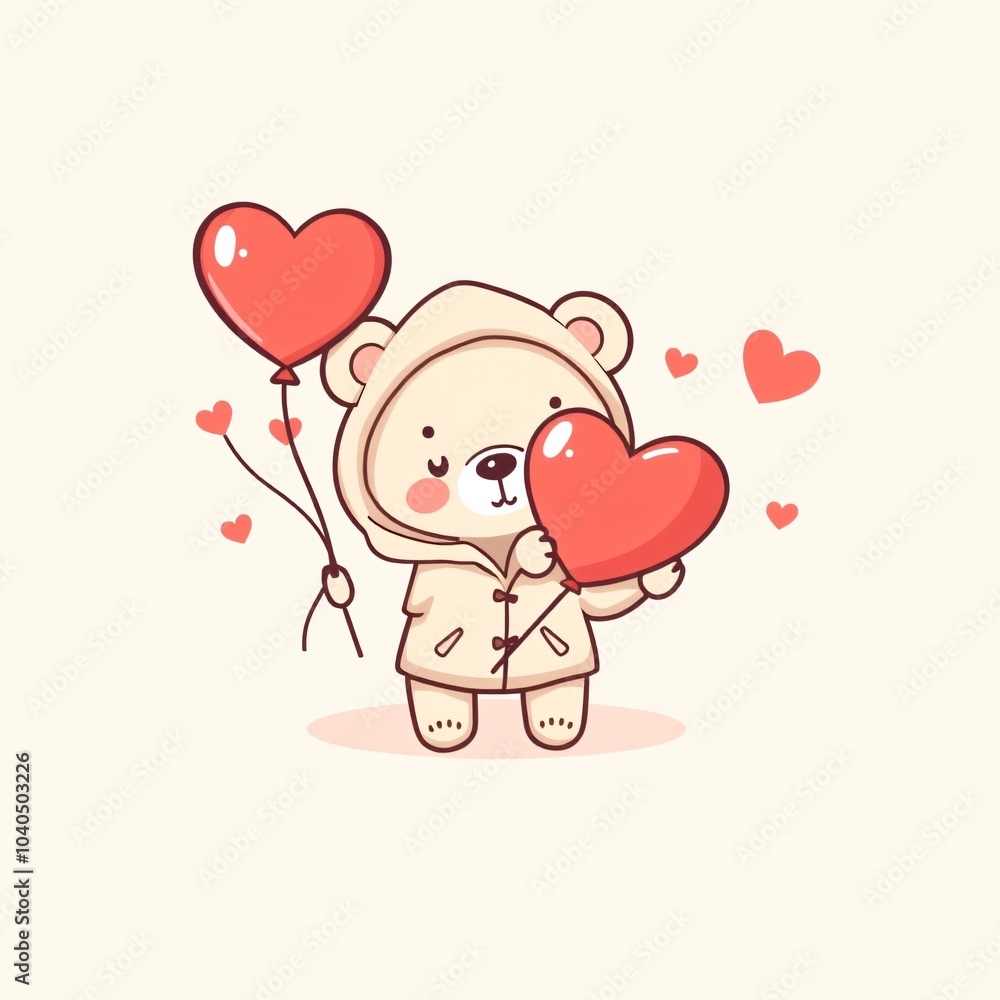 Cute bear character holding a heart and balloons against a soft background, perfect for Valentine's Day illustration Cute bear character holding a heart and balloons against a soft background, perfect for Valentine's Day illustration